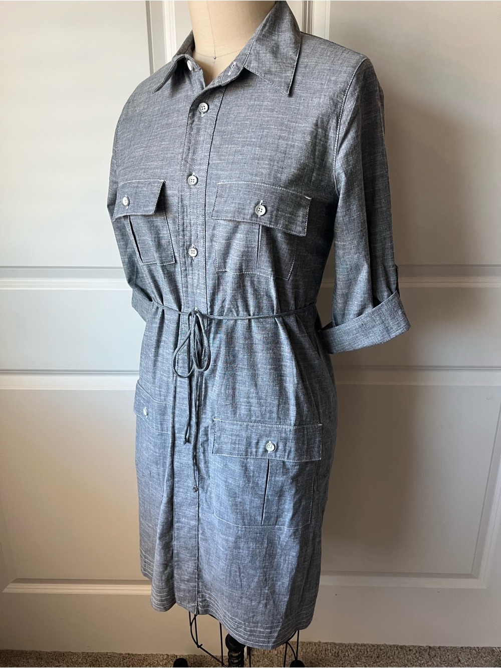 New Women's Cotton Chambray Utility Shirt Dress with Drawstring Waist - Picture 2 of 7